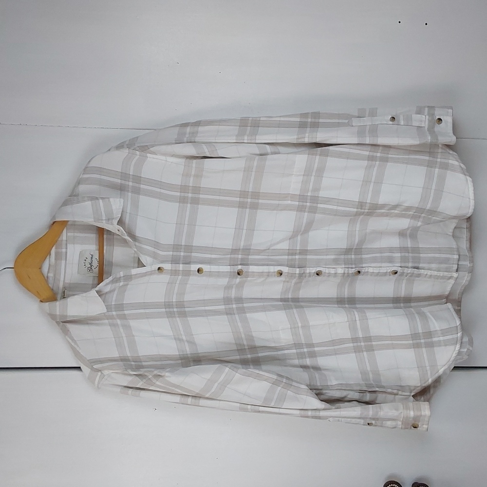 Jachs Girlfriend White and Tan Taupe Plaid Flannel Shirt Soft Neutral Sz.XL